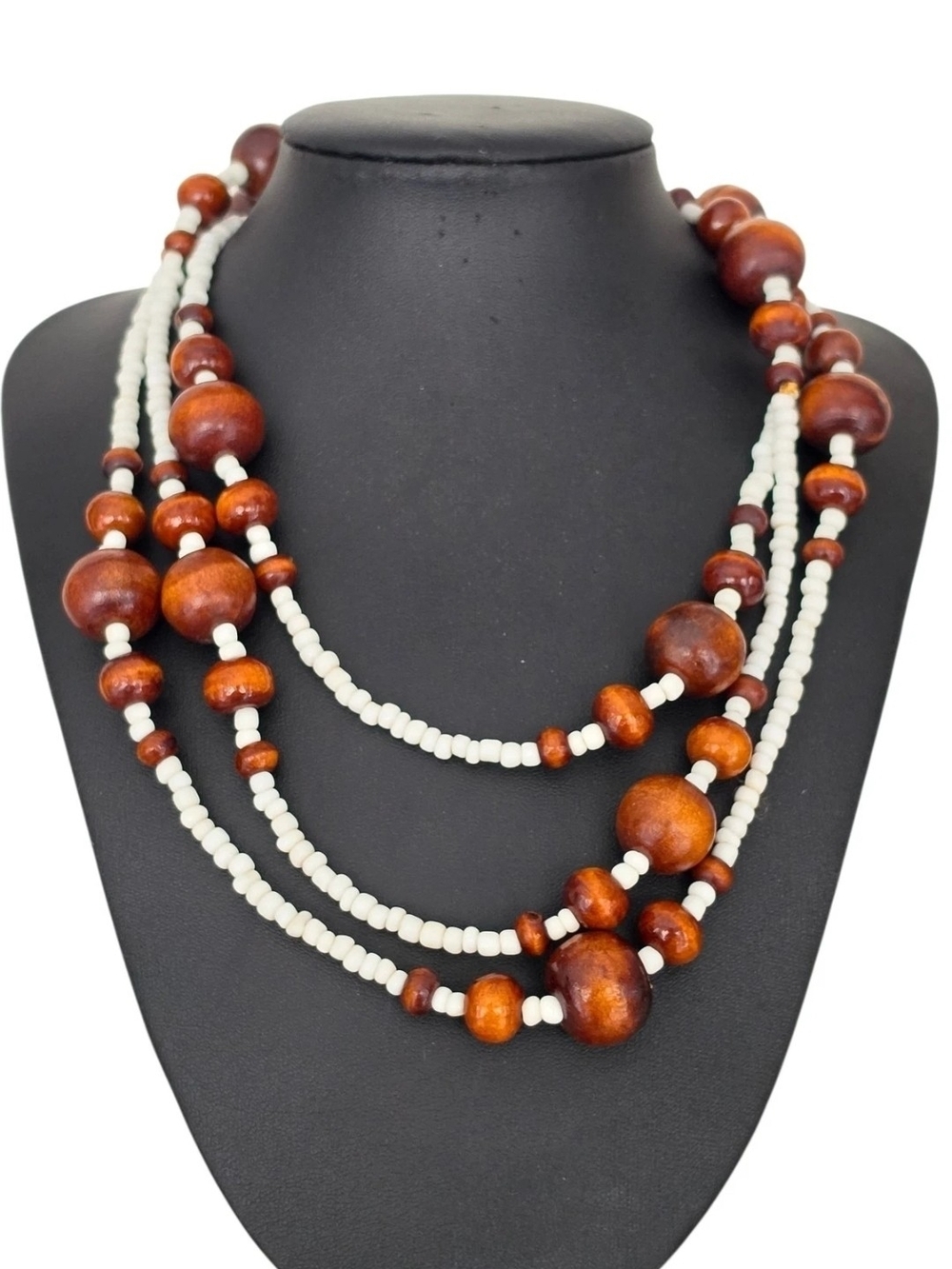 Vintage Brown Wood Bead White Seed Bead Long Boho Necklace 58” No Clasp